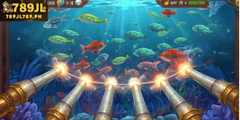 A vibrant online fish shooting interface showing multiple fish and player cannons
